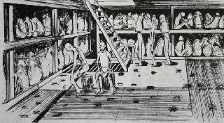 Drawing of prisoners packed into tiered wooden platforms in a ship's hold
