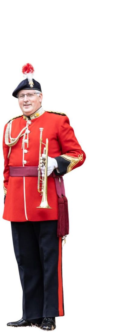 A bugler in red ceremonial uniform and plumed hat
